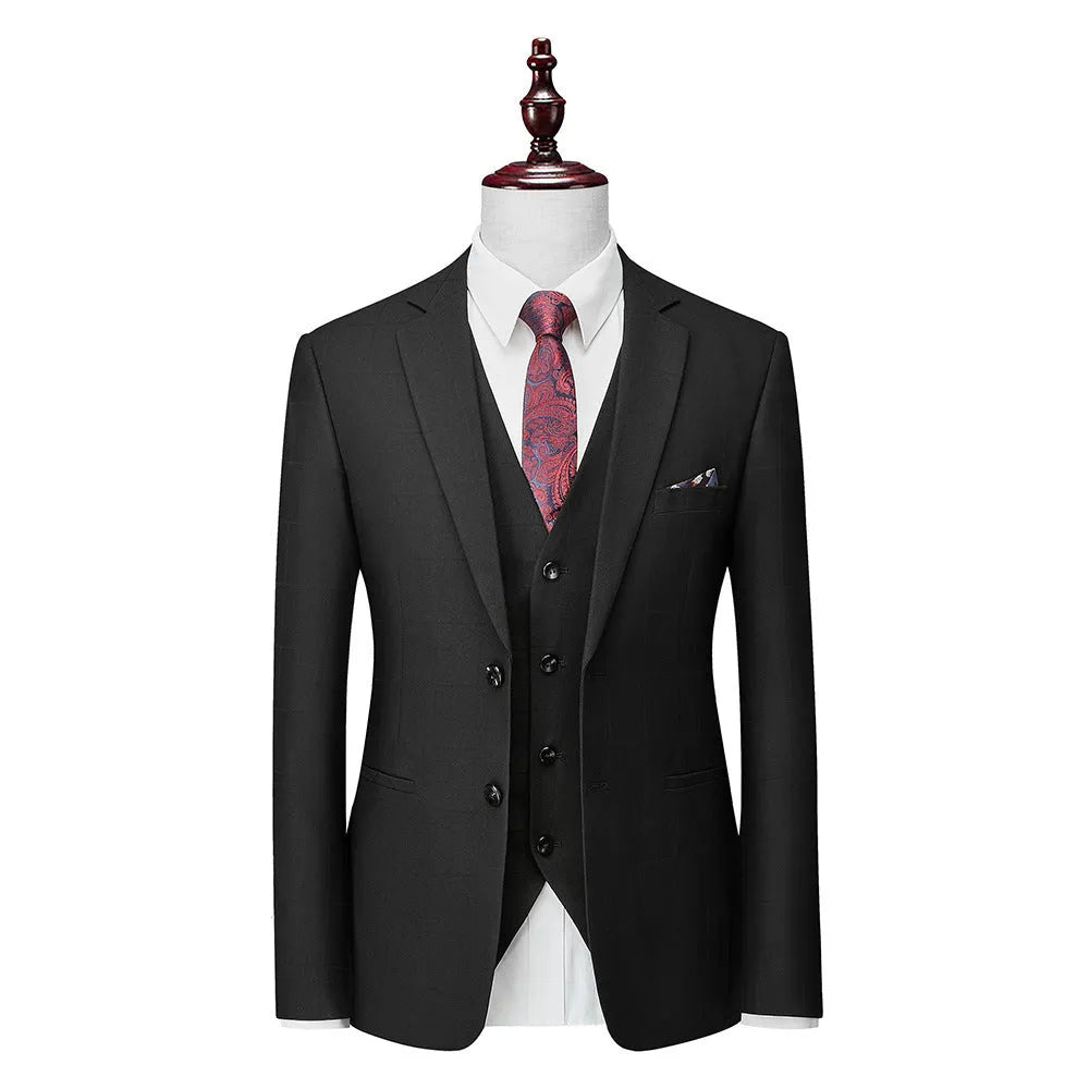 Men's navy blue three-piece slim fit plaid suit with jacket, vest, and trousers