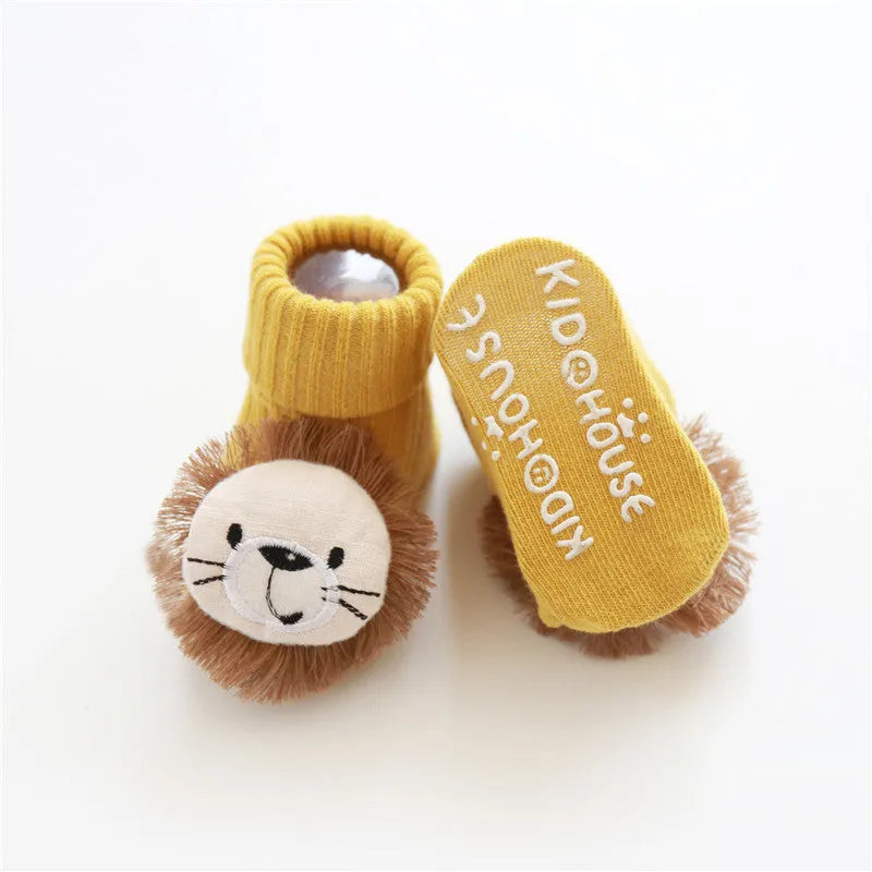 Cotton baby floor socks in various colours and patterns including bows, stars, and animal designs