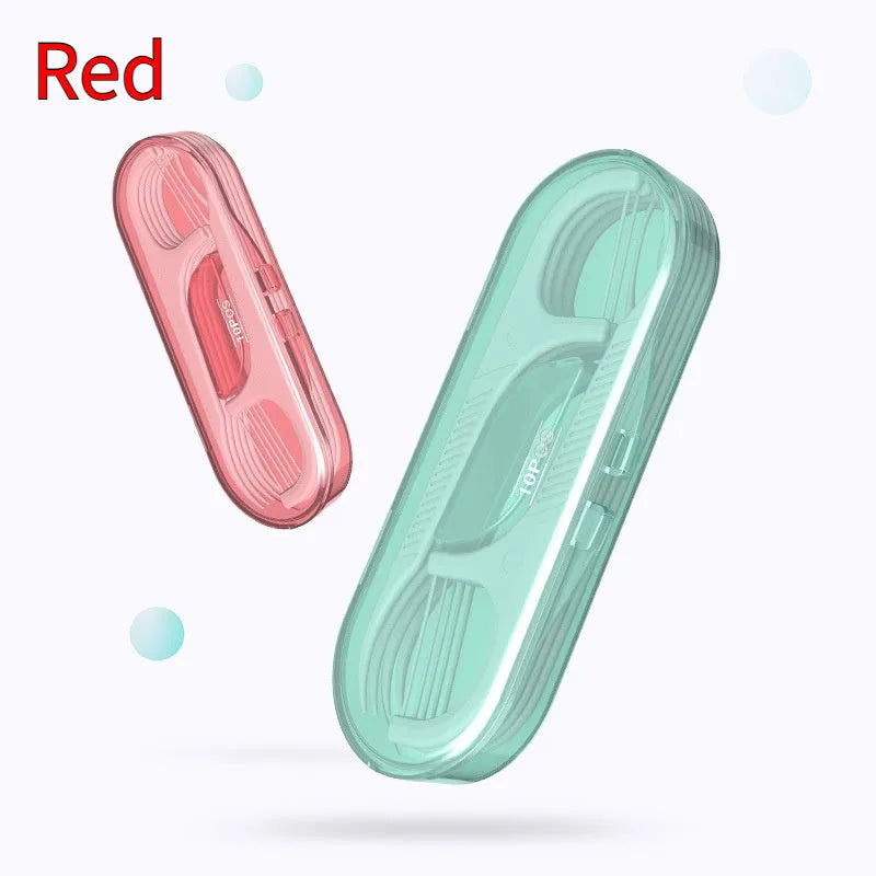 Portable dental floss in plastic packaging measuring 180x238mm with 100 or 108 piece options