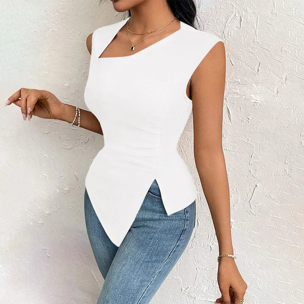 Women's diagonal collar slim fit short sleeve polyester top in beige with stitching detail