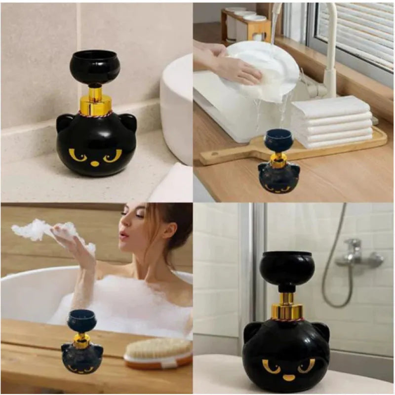 Black plastic cat-shaped cartoon foam soap dispenser pump bottle on a countertop.