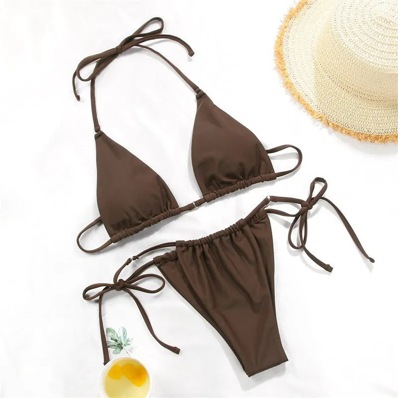 Women's polka dot print split swimsuit bikini set in brown and orange gradient patterns with polyester lining
