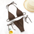 Women's polka dot print split swimsuit bikini set in brown and orange gradient patterns with polyester lining