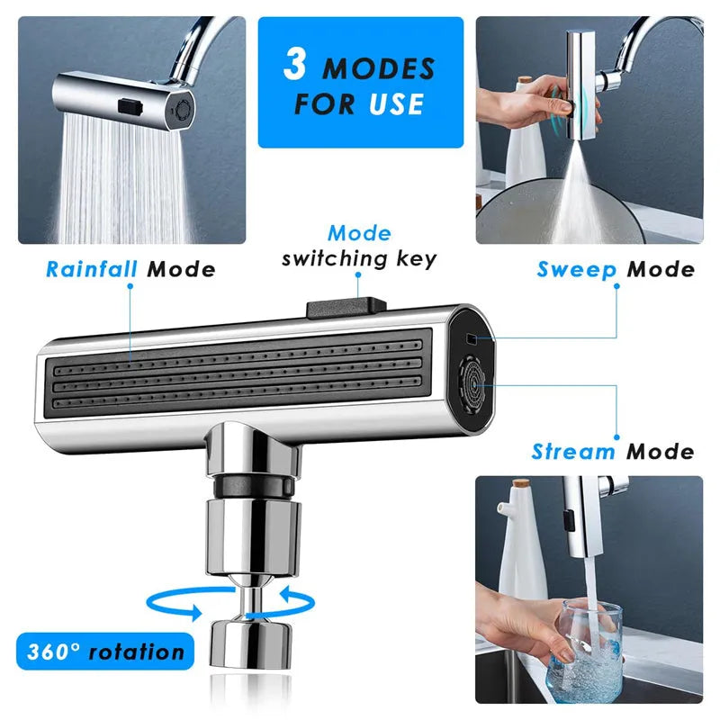 Kitchen faucet nozzle in black with waterfall bubbler mode and rotating head for universal fit