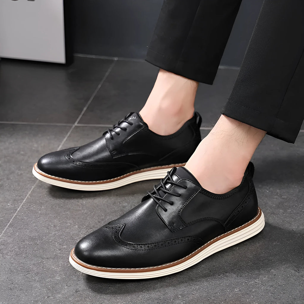 Men's black slip-on business casual shoes with round toe and PU leather upper