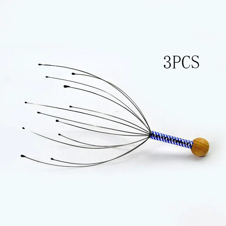 Octopus scalp massager with wooden handle and stainless steel threads on a light background