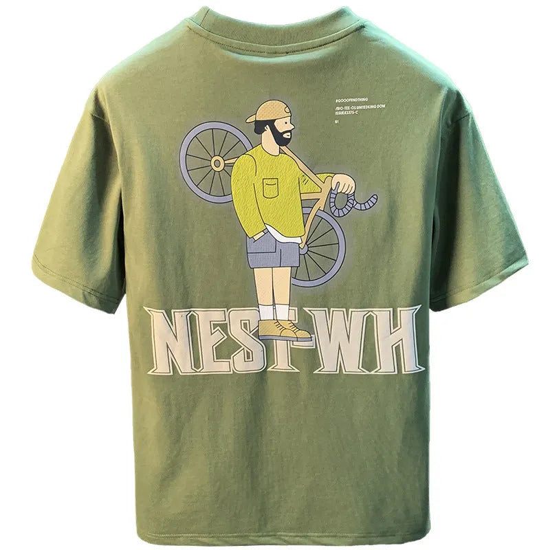 Green loose fit men's T-shirt with a printed literary youth graphic on the front.