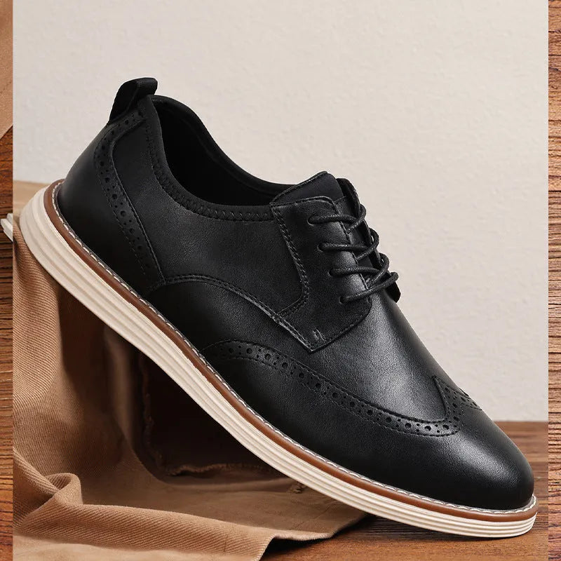 Men's black slip-on business casual shoes with round toe and PU leather upper