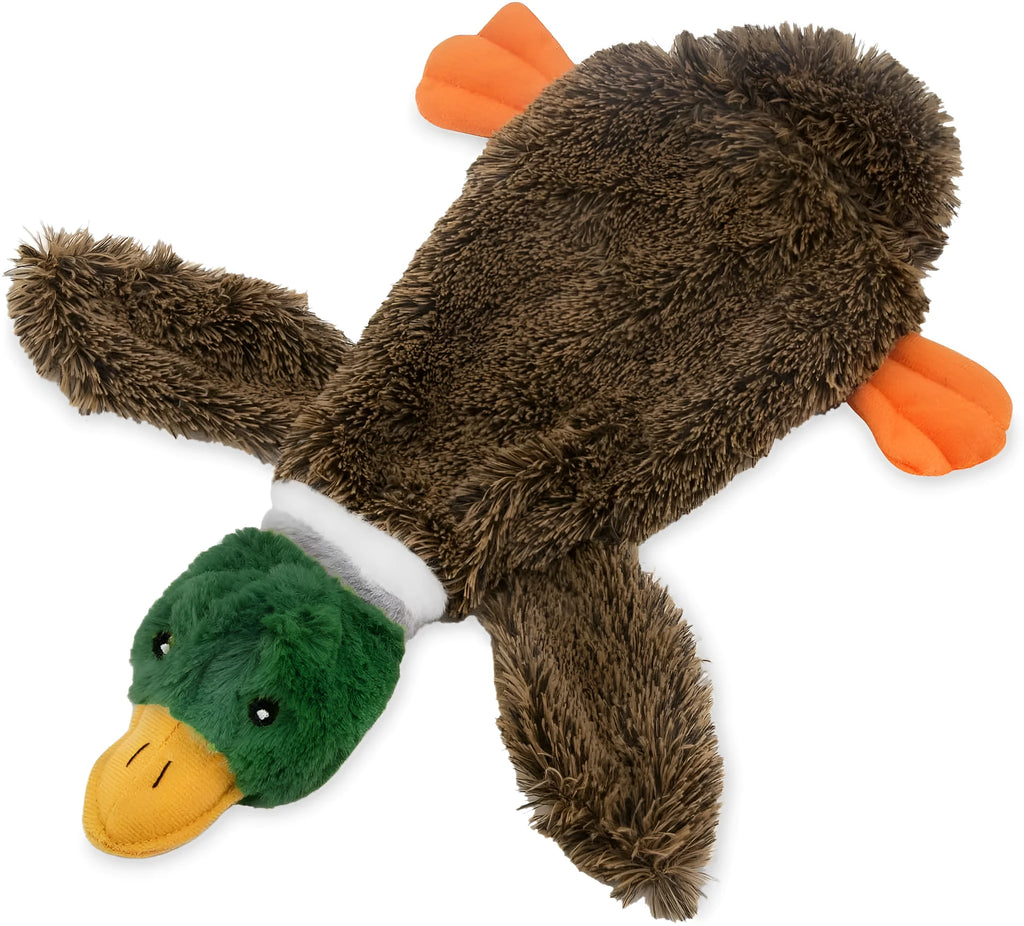 Green stuffless plush dog toy shaped like a duck with two squeakers and a bottle pocket.