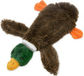 Green stuffless plush dog toy shaped like a duck with two squeakers and a bottle pocket.
