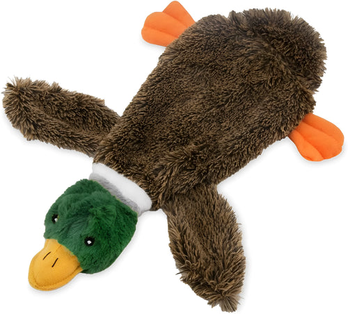 Green stuffless plush dog toy shaped like a duck with two squeakers and a bottle pocket.