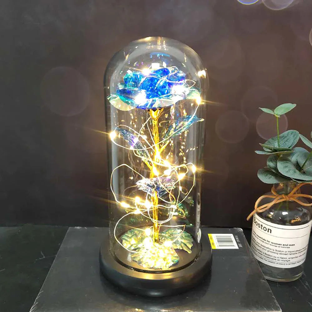 LED-lit silk rose bouquet under glass cover in various colours, 30cm centrepiece decoration