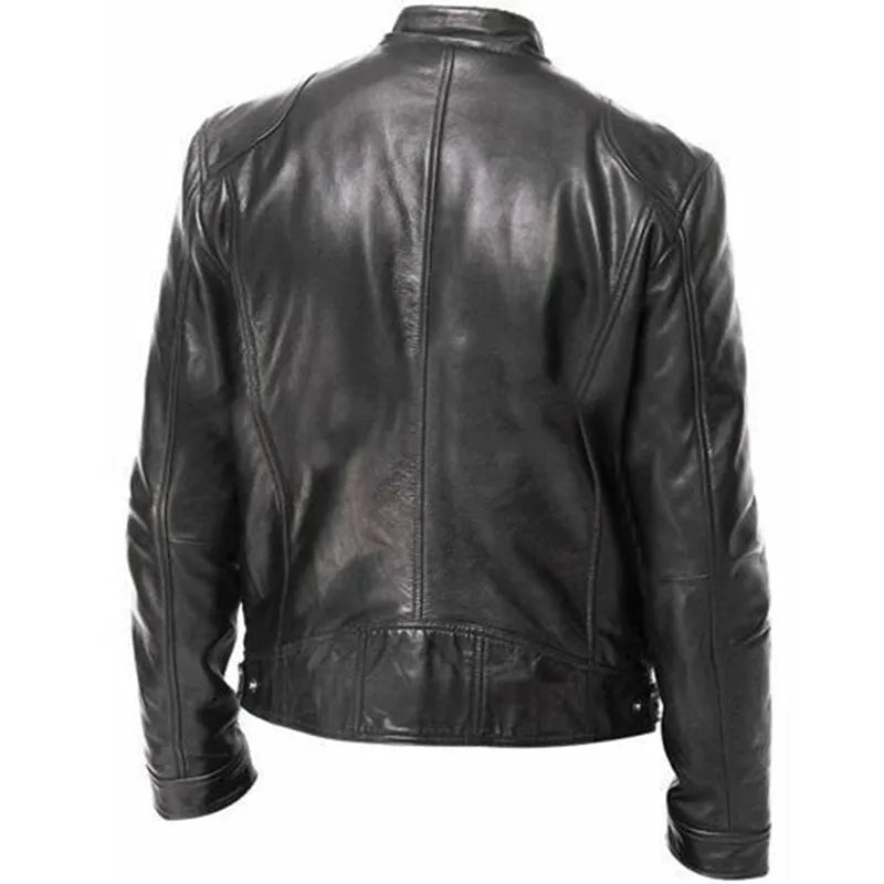 PU leather slim fit jacket in black, front view, for men and women, Asian sizing