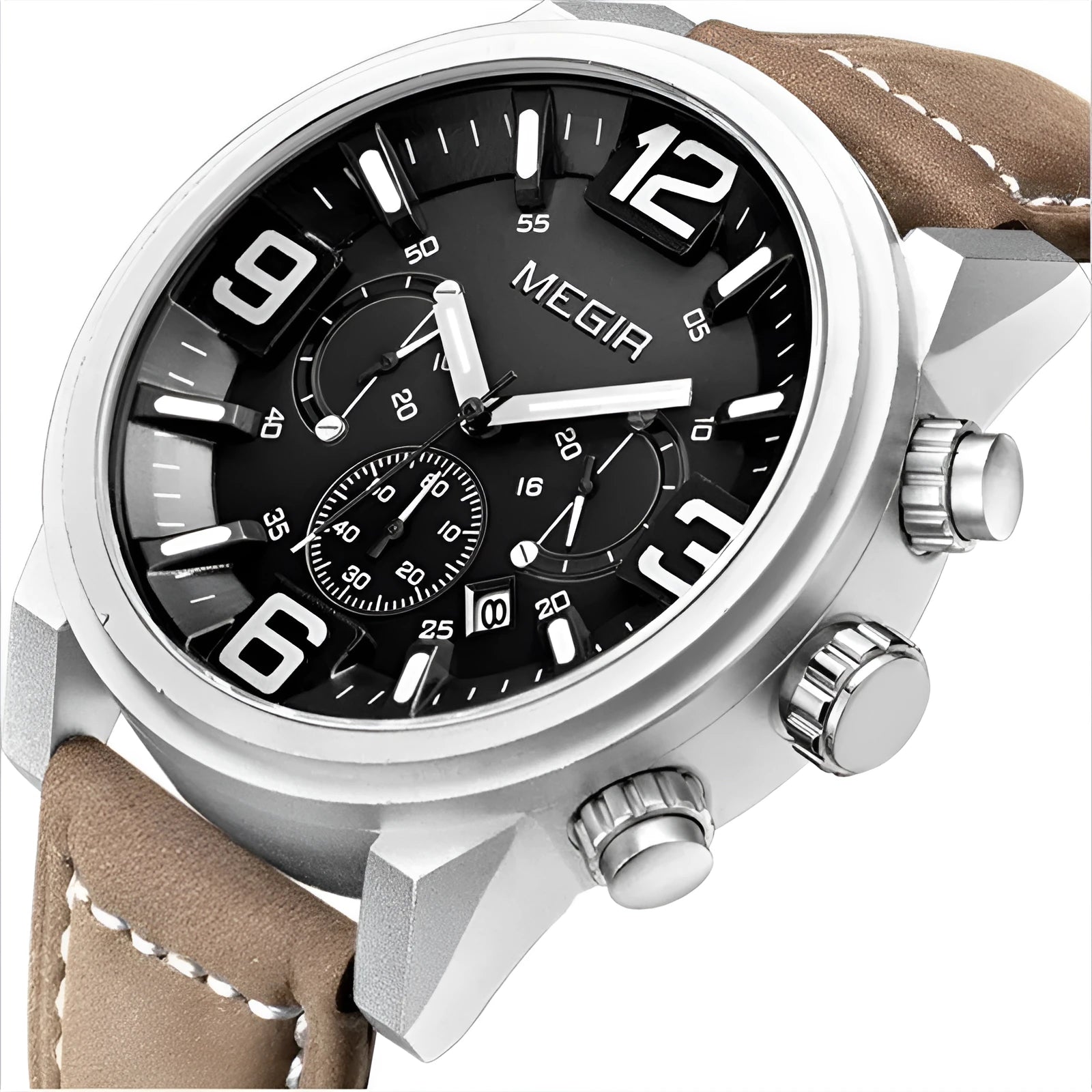Men's quartz sports watch with three-eye luminous dial, 48.5mm alloy case, mineral glass, and brown-black leather strap