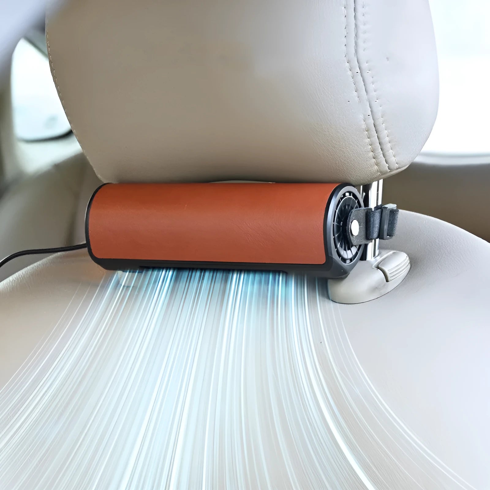 USB car-mounted rear seat fan with long black cable, shown in black, brown, and red colour options next to a car seat.