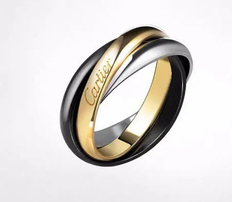 A geometric U-shaped silver couple ring engraved with text, shown in a gold rose silver finish.