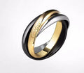 A geometric U-shaped silver couple ring engraved with text, shown in a gold rose silver finish.