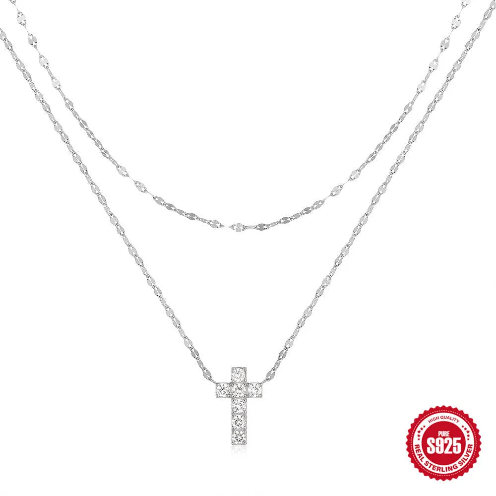 S925 sterling silver double layer twin diamond cross pendant necklace with clavicle chain in gold finish