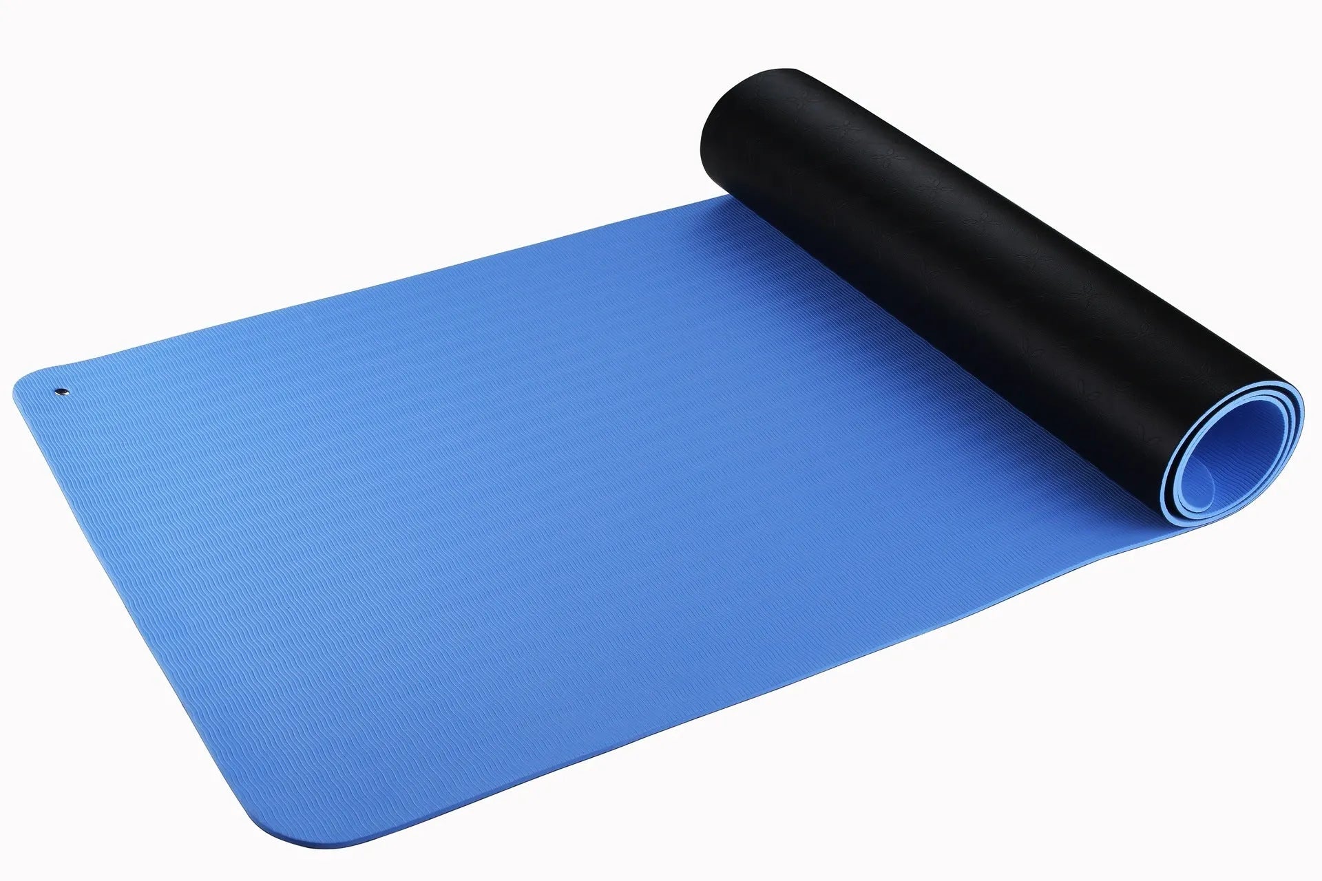 Blue conductive yoga mat with floral pattern and grounding wire for earthing exercises
