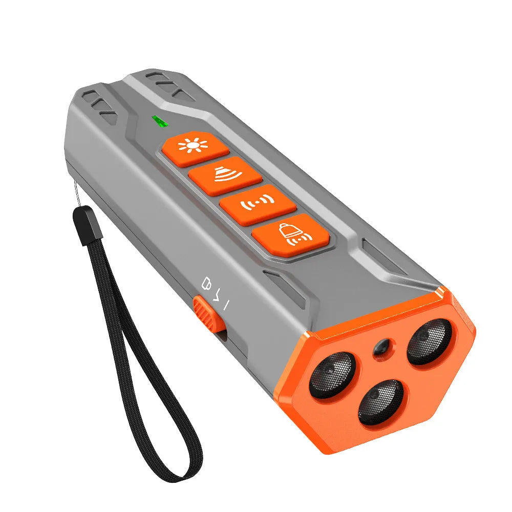 Three-head ultrasonic dog trainer in grey-orange colour with adjustable directional heads for pet behaviour management