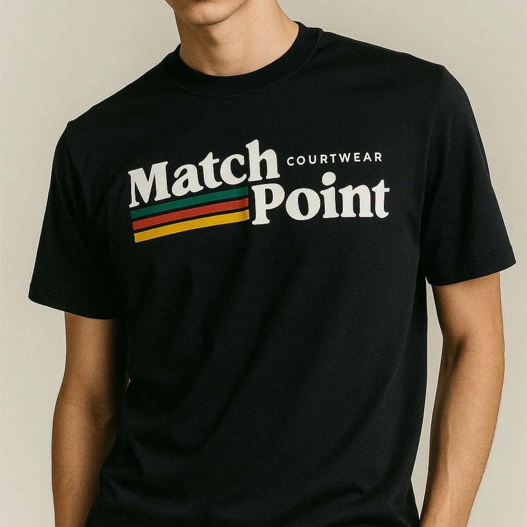 Black men's t-shirt with a 3D digital printed text pattern, round neck, and short sleeves.