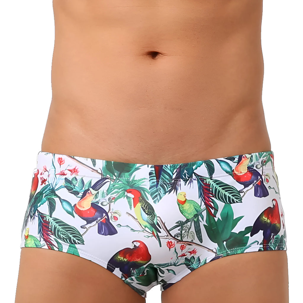 Men's floral and bird print swimming trunks in nylon fabric with elasticated waistband
