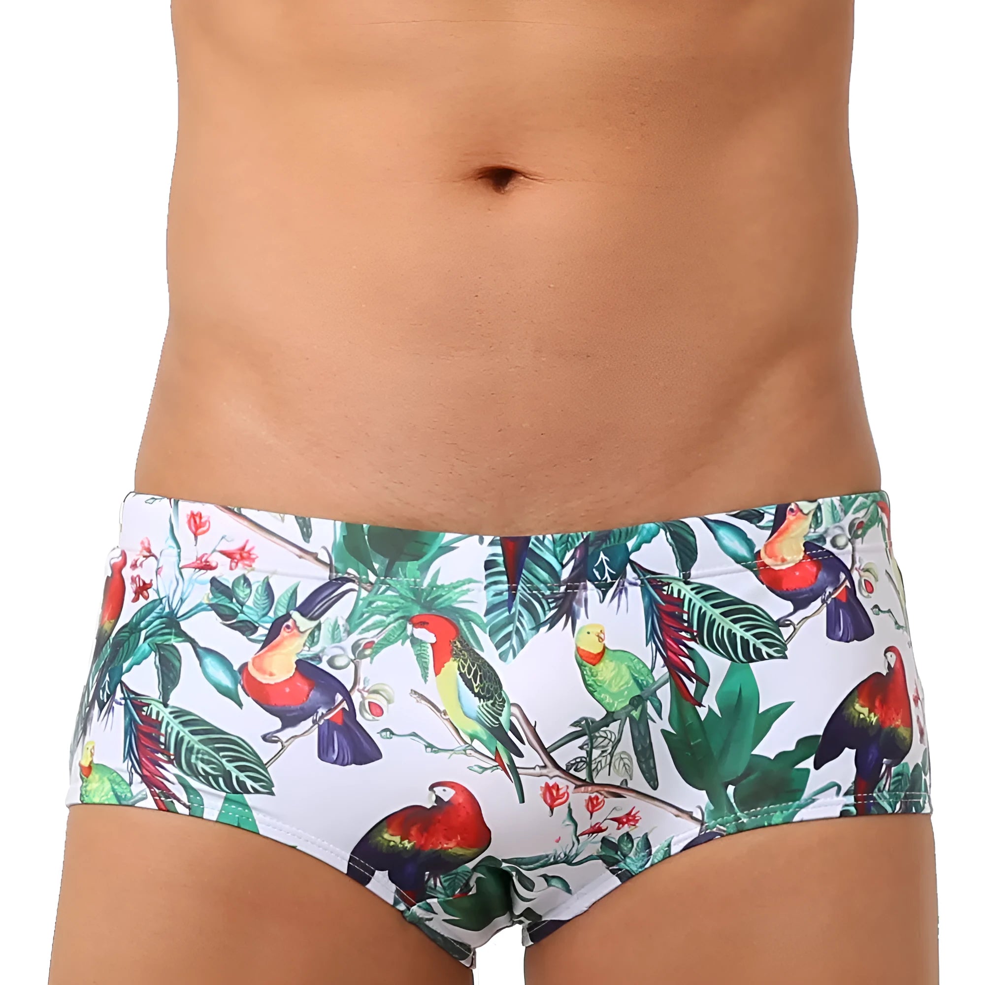 Men's floral and bird print swimming trunks in nylon fabric with elasticated waistband