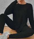 Sunken stripe two-piece homewear set in black or blue colour with trousers and regular sleeve top