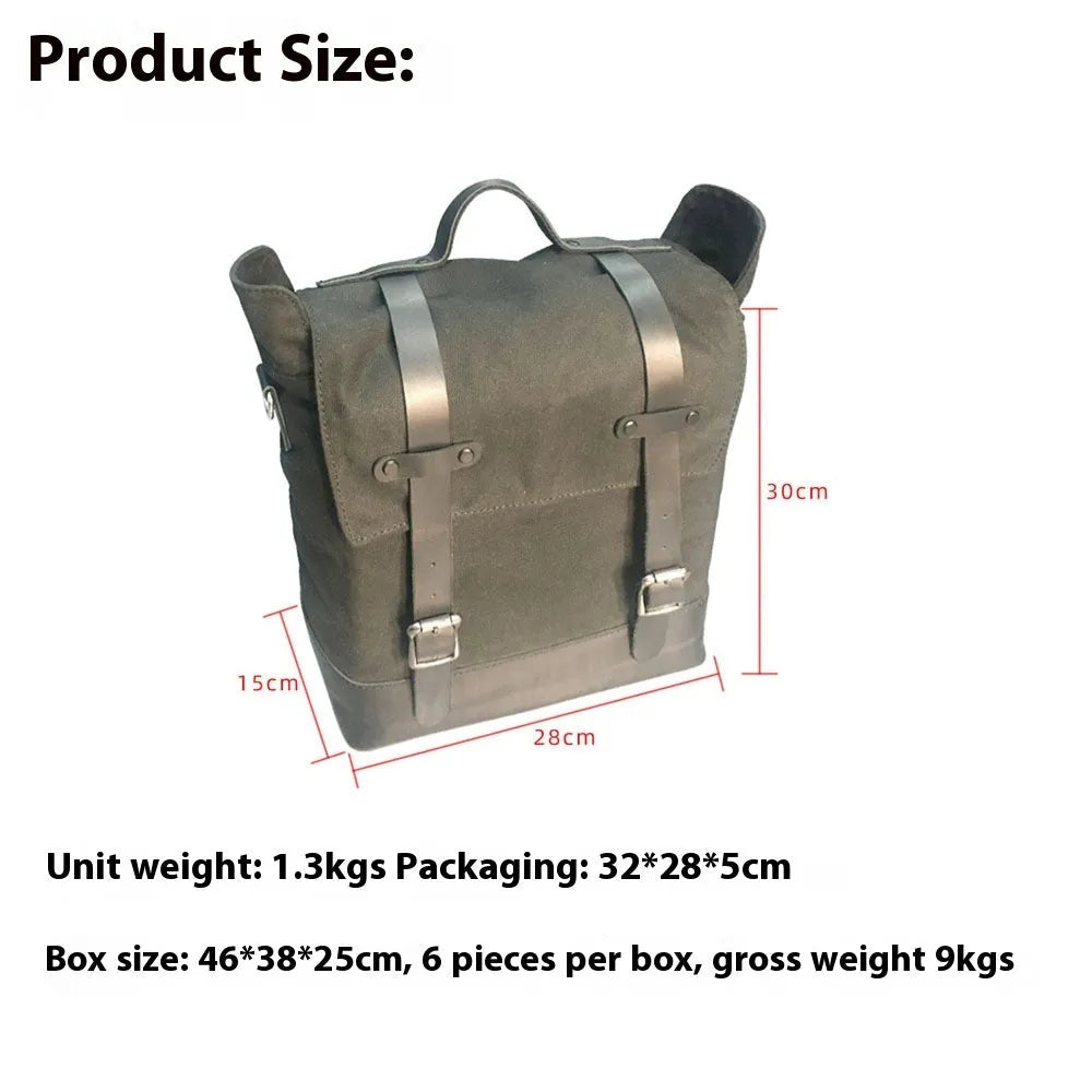 Waterproof canvas motorcycle side bag with cowhide detailing in black colour