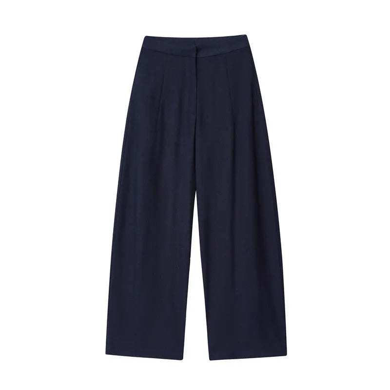 Women's off-neck linen-style shirt with flounced sleeves and matching wide-leg trousers, a two-piece set for office wear.