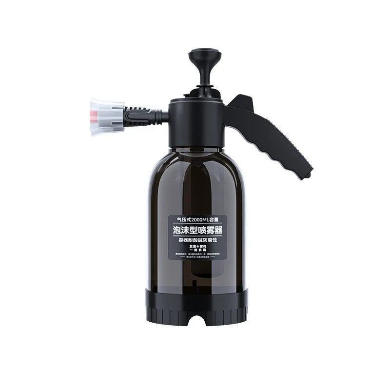 Black hand-held 2L foam sprayer watering can with nozzle, for garden and car washing.