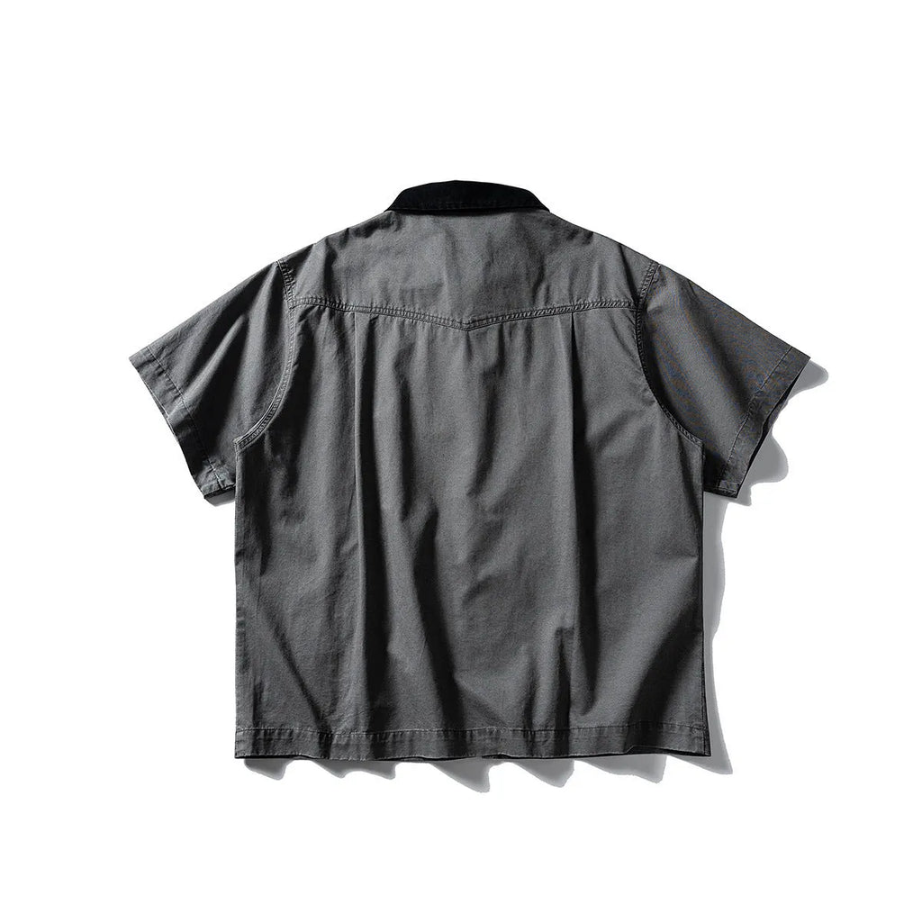 Men's washed cotton short sleeve overall shirt in loose cardigan style