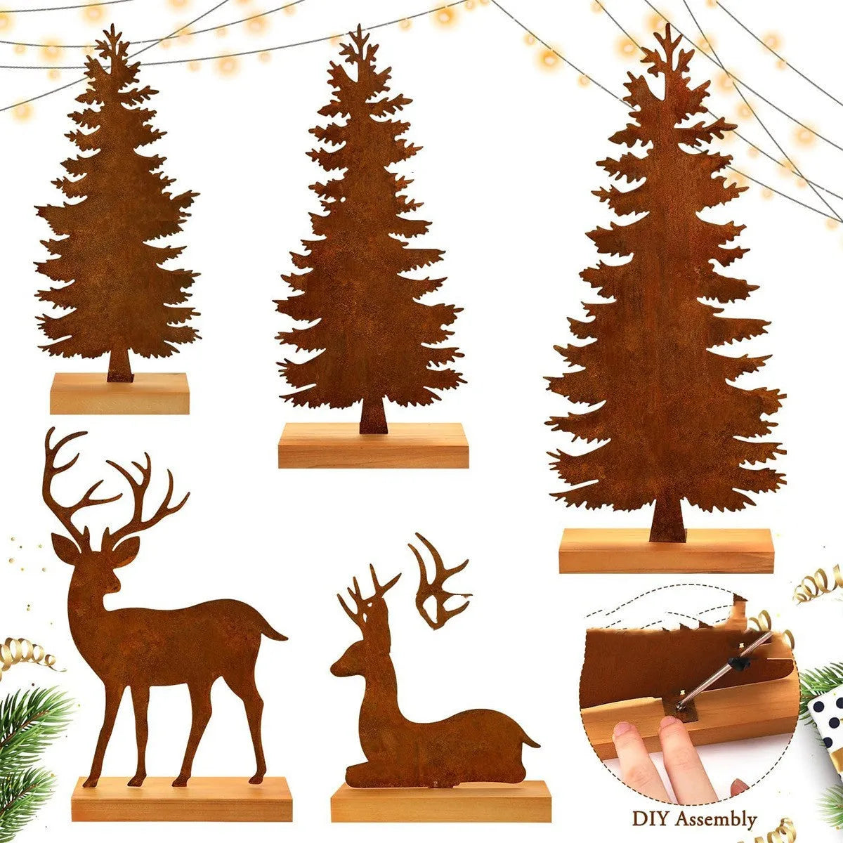 Three iron Christmas tree ornaments with elk designs in rustic finish