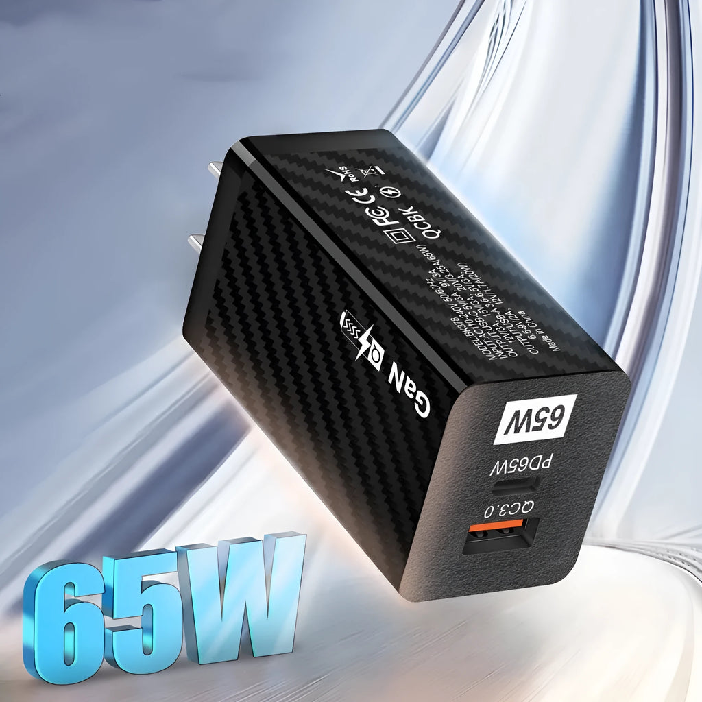 65W gallium nitride fast charger in black or white with compact rectangular design and USB-PD port