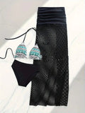 Women's three-piece bikini set with long skirt in gradient colours showing European and American styling