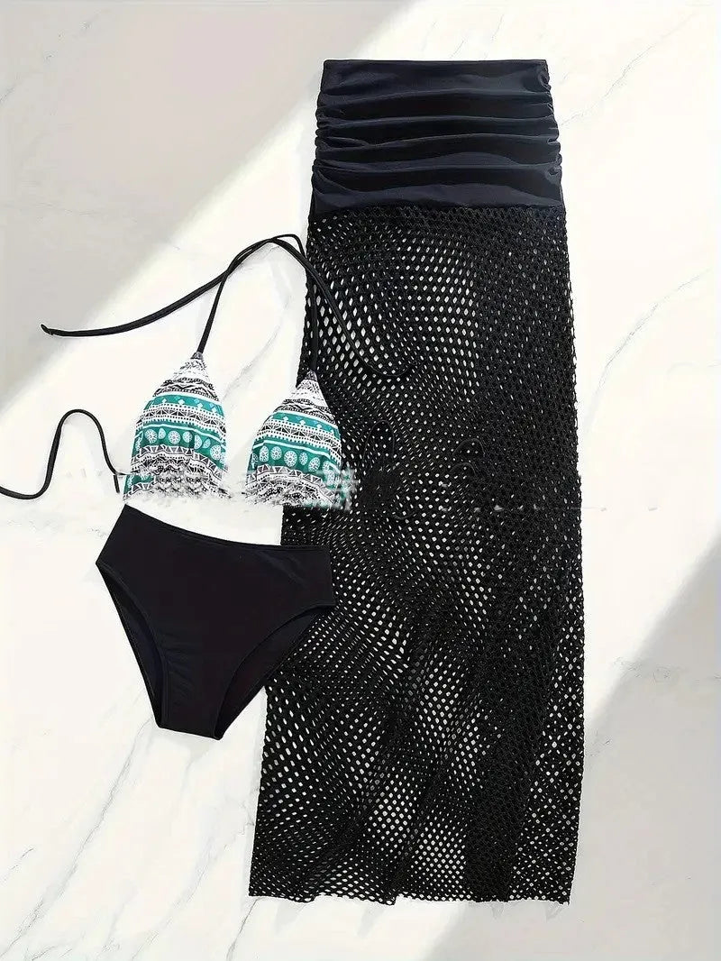 Women's three-piece bikini set with long skirt in gradient colours showing European and American styling