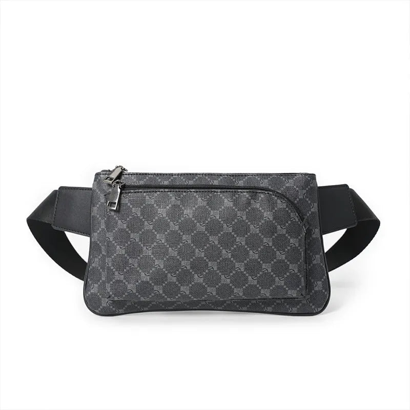 Men's patterned black PU leather waterproof crossbody chest bag with adjustable strap