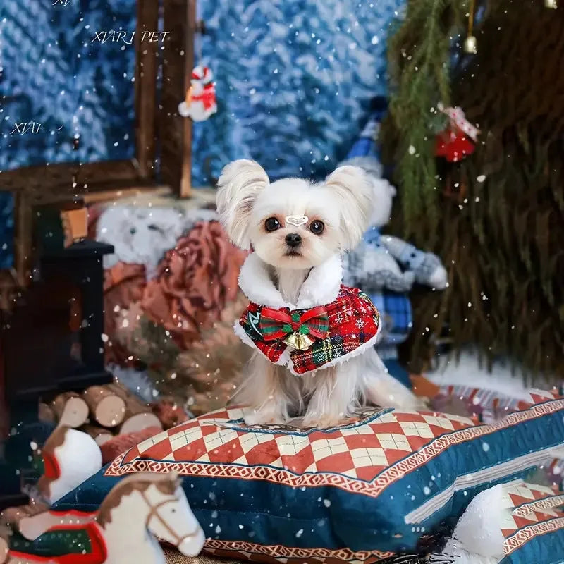 Pet festive scarf for cats and dogs in multiple sizes with snowflake bell and ball patterns on red and blue backgrounds