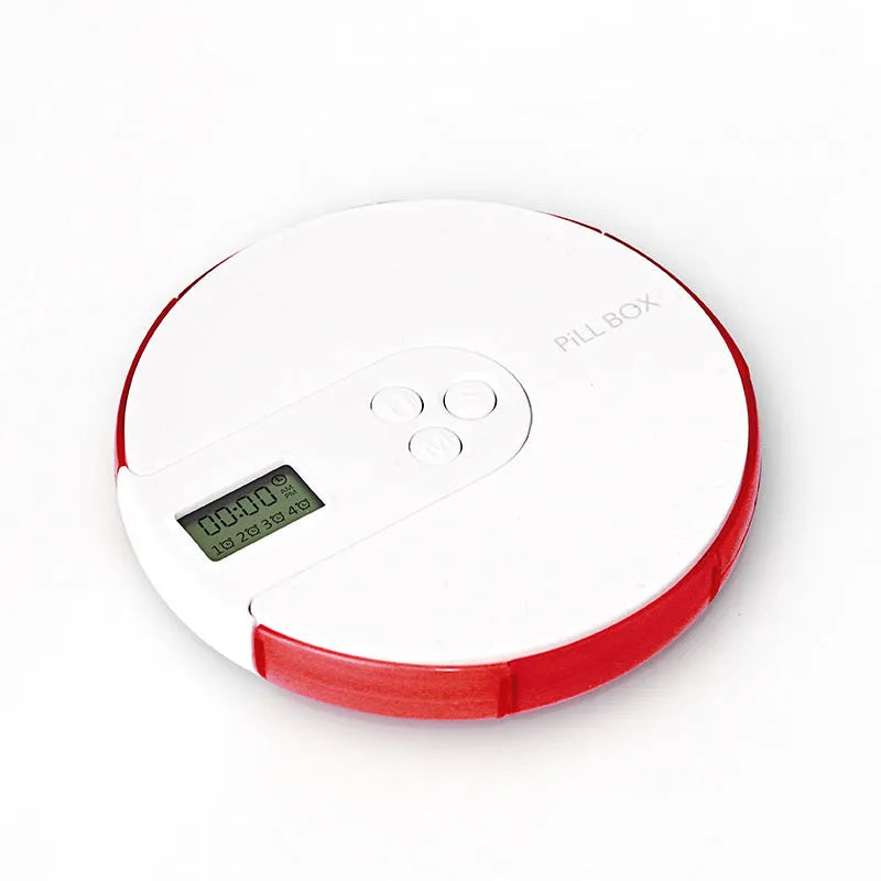 7-compartment alarm clock pill dispenser showing colourful options and compact 11 cm design