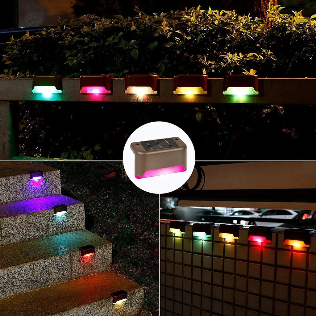 Outdoor solar LED guide light in brown for garden stairs and deck steps, warm light, pack of 4