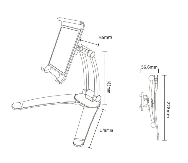 Silver aluminum alloy desktop stand holding a tablet at an angle, showing its adjustable clip and 360-degree rotation base.