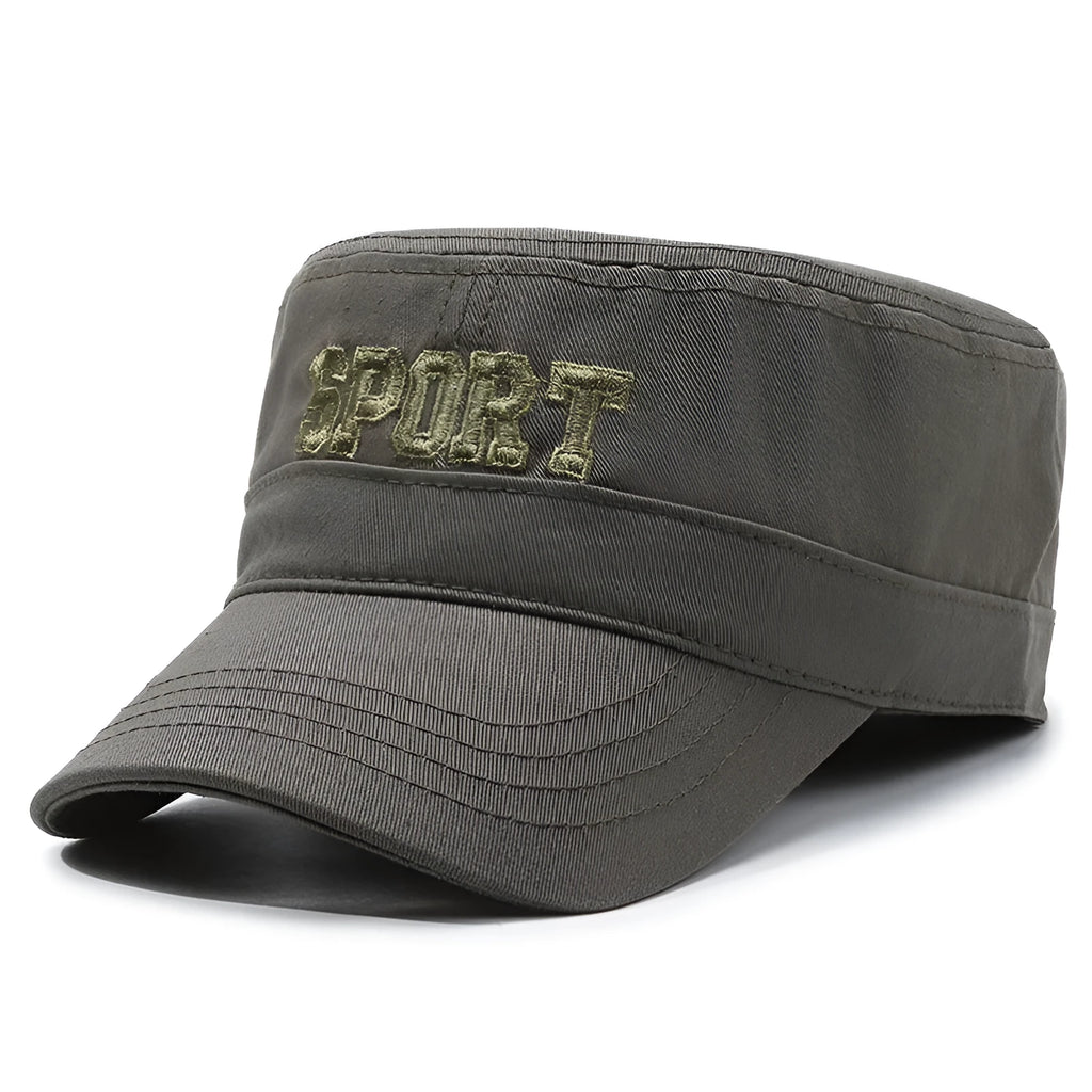 Men's adjustable cotton flat-top peaked cap in army green with printed English letters