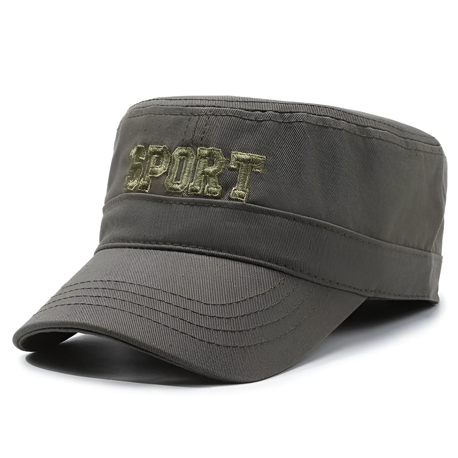 Men's adjustable cotton flat-top peaked cap in army green with printed English letters