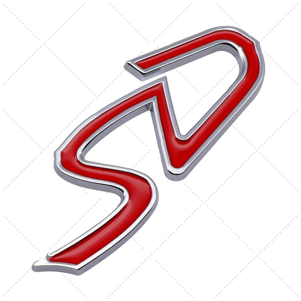 Metal decorative car sticker showing SD and D patterns in red and silver colour options on a white background.