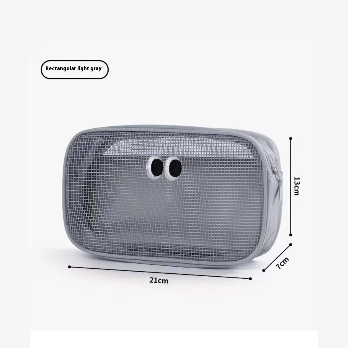Stereo large capacity mesh makeup wash bag in cube shape, polyester, with zip closure, on a table