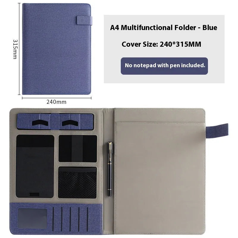 A4 leather business folder in black colour showing document storage and accessory features
