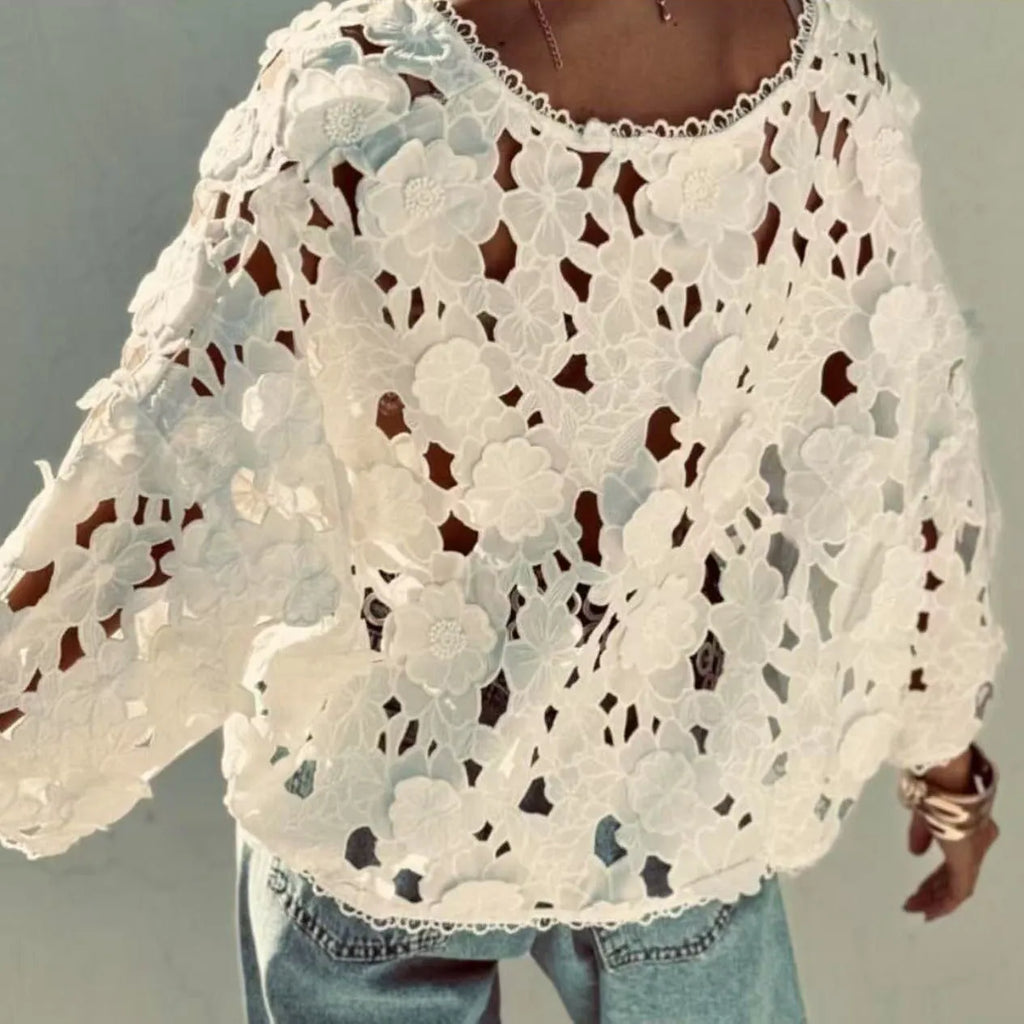 Women's loose lace cardigan with V-neck and three-dimensional flower decoration in black, white or khaki