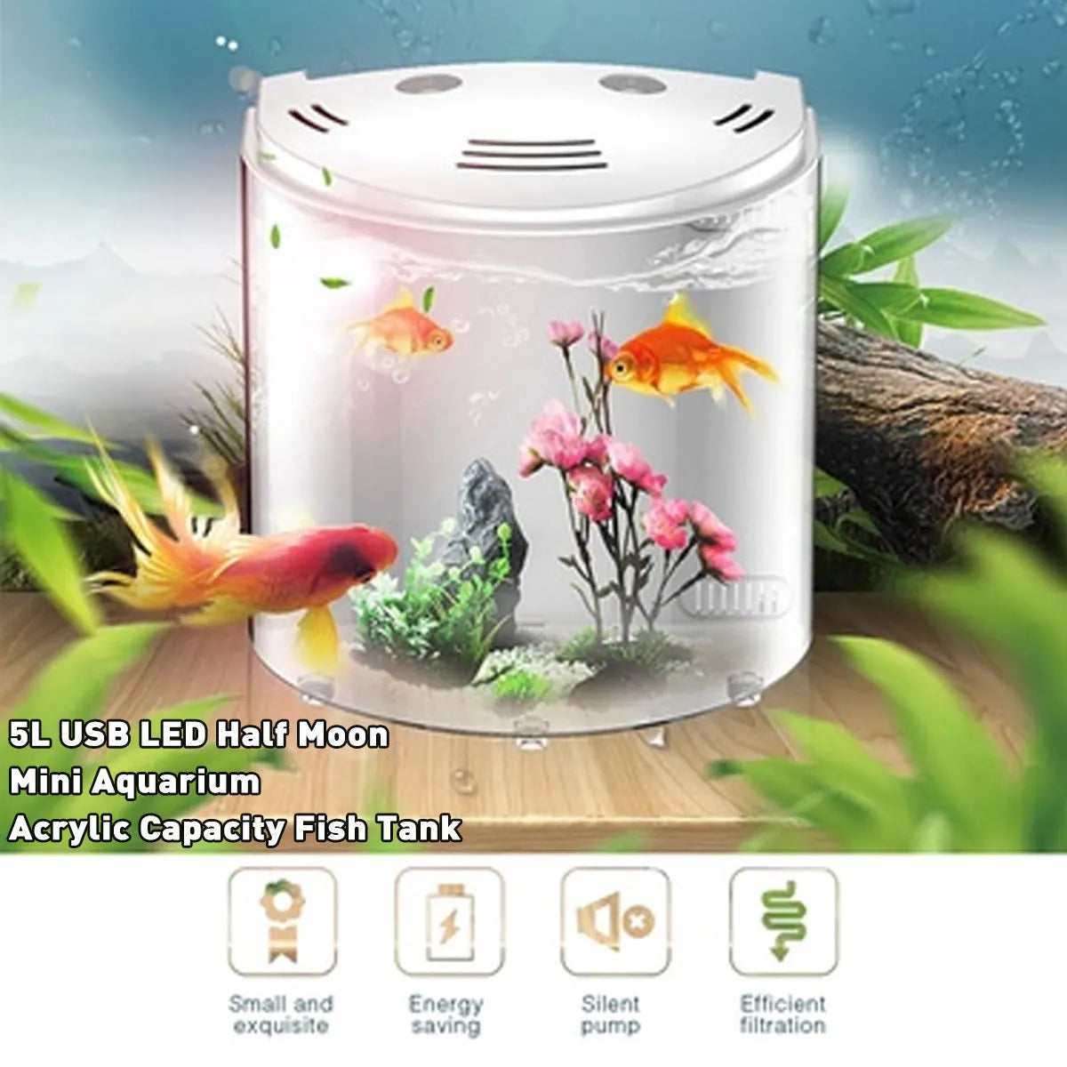 Clear acrylic fish tank with black frame, 20x14x21cm, with LED light and USB cable