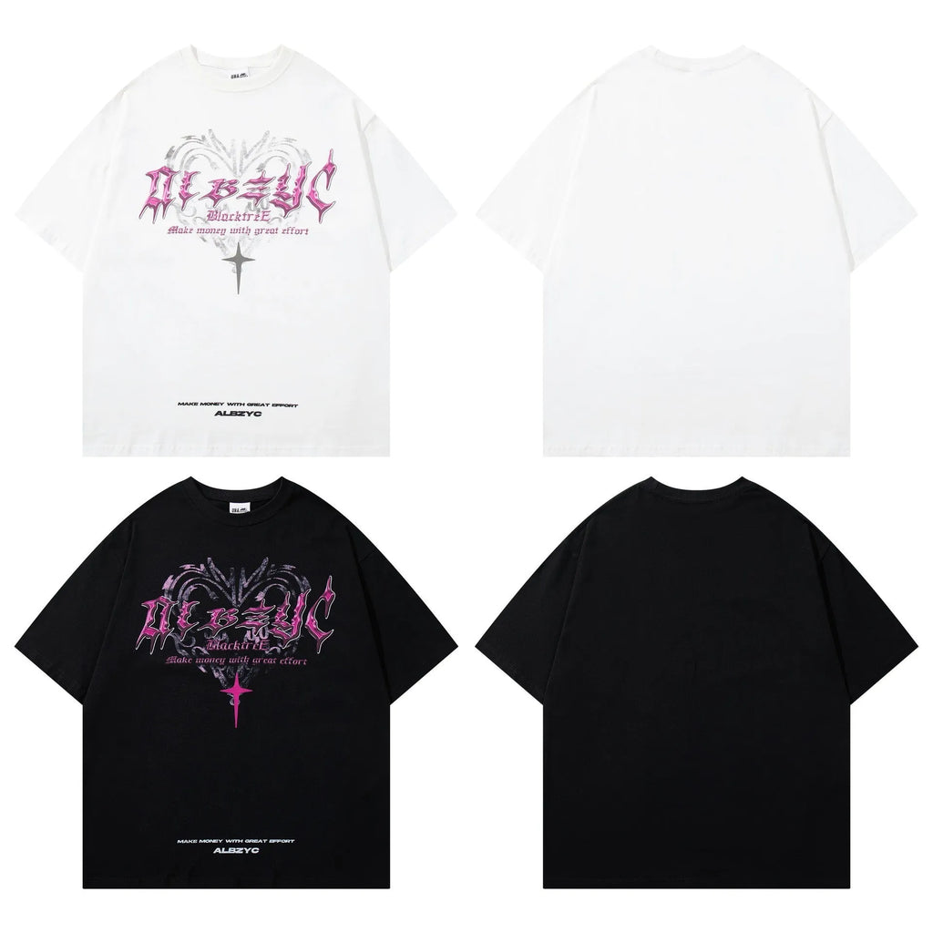 Men's retro printed cotton t-shirt with round neck and short sleeves in white or black