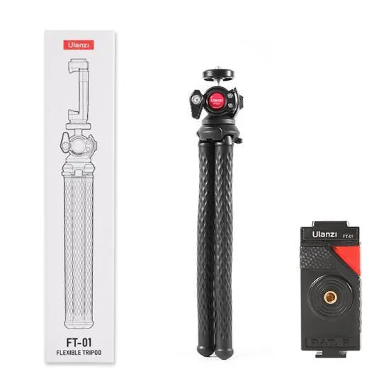 Black octopus leg mobile phone tripod with adjustable height and included phone clip